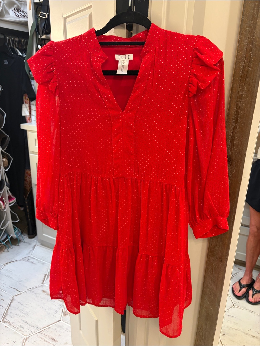 TCEC Red Ruffled Tiered V-Neck Dress for Girls
